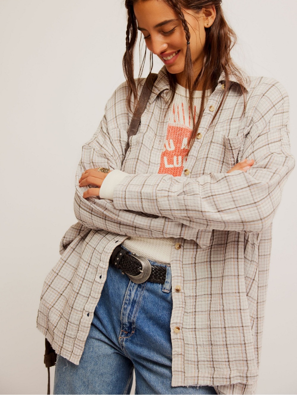 Free People Cardiff Plaid Top 100% Cotton